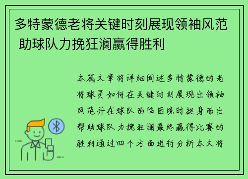 多特蒙德老将关键时刻展现领袖风范 助球队力挽狂澜赢得胜利
