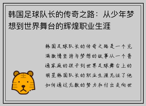 韩国足球队长的传奇之路：从少年梦想到世界舞台的辉煌职业生涯